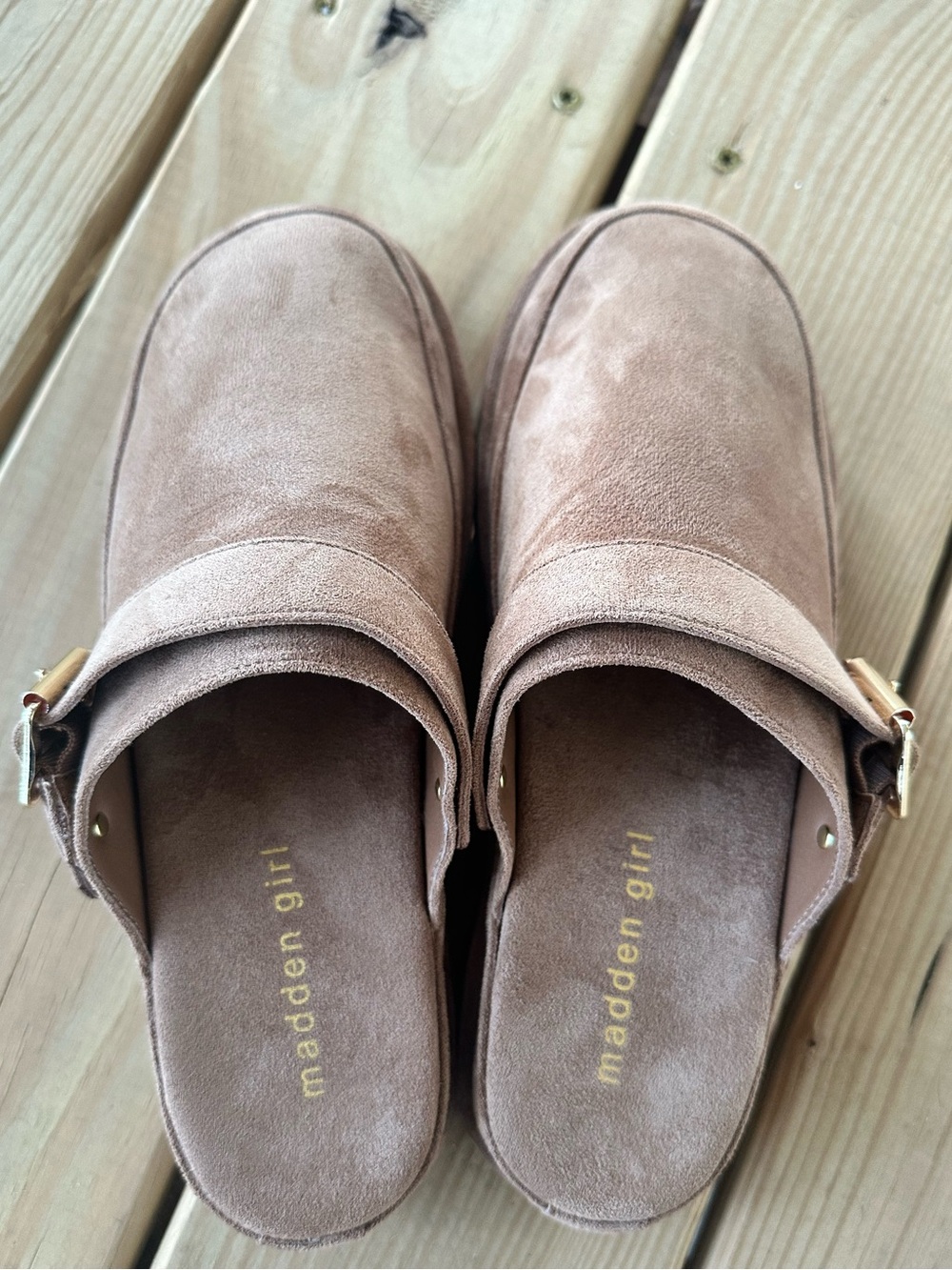 Madden Girl Blush Taupe Suede Buckle Slip-On Mules